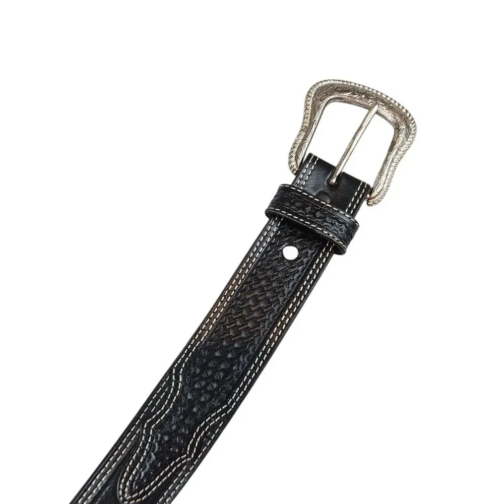 Cowboy chrome black leather western‎ belt 44 basket weave embossed white stitch